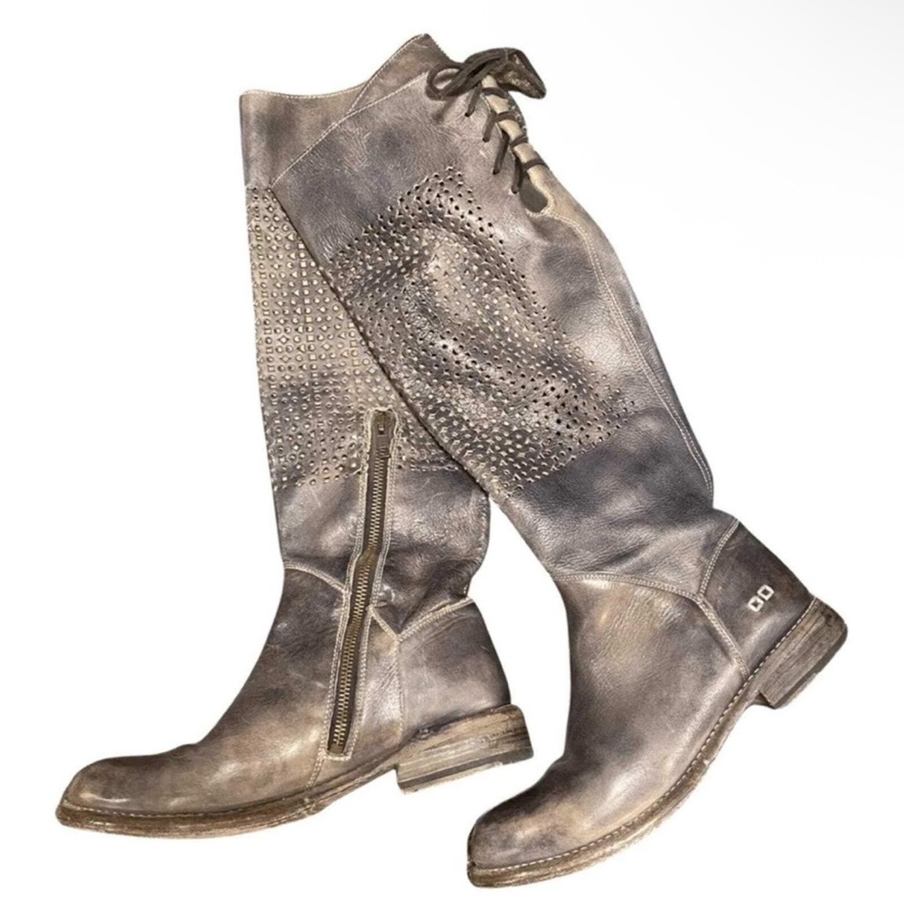 BED STU Cambridge Perforated Distressed Tall Leather Biker Tall Boot Size 8,5
